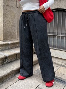 Muchica Plus Size Solid Color Knot Pocket Seam Front Casual Loose Pants - Black - View 3