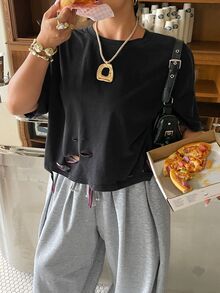 Muchica Plus Size Short Sleeve Cotton T-Shirt, Washed Snowflake Design, Spring - Dark Grey - View 1