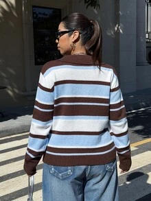 Muchica Sweater Rajut Leher Tinggi Bermotif Garis-garis Gaya Musim Gugur dan Musim Dingin 2026 untuk Komuter, Kuliah, Olahraga dan Santai, Warna-warni - MultiWarna - View 2