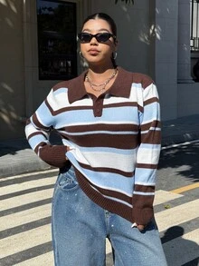 Muchica Sweater Rajut Leher Tinggi Bermotif Garis-garis Gaya Musim Gugur dan Musim Dingin 2026 untuk Komuter, Kuliah, Olahraga dan Santai, Warna-warni - MultiWarna - View 3