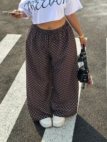Muchica Plus Size Brown Polka Dot Print Drawstring Waist Loose Pants Vacation Summer 1950s Vintage - Coffee Brown - View 7