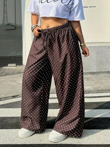 Muchica Plus Size Brown Polka Dot Print Drawstring Waist Loose Pants Vacation Summer 1950s Vintage - Coffee Brown - View 8