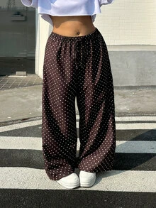 Muchica Plus Size Brown Polka Dot Print Drawstring Waist Loose Pants Vacation Summer 1950s Vintage - Coffee Brown - View 6