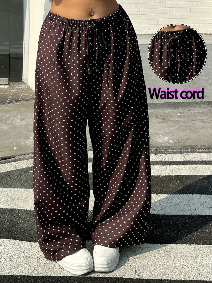 Muchica Plus Size Brown Polka Dot Print Drawstring Waist Loose Pants Vacation Summer 1950s Vintage - Coffee Brown - View 1