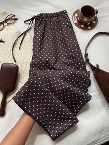 Muchica Plus Size Brown Polka Dot Print Drawstring Waist Loose Pants Vacation Summer 1950s Vintage - Coffee Brown - View 5