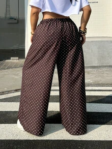 Muchica Plus Size Brown Polka Dot Print Drawstring Waist Loose Pants Vacation Summer 1950s Vintage - Coffee Brown - View 3