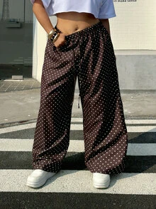 Muchica Plus Size Brown Polka Dot Print Drawstring Waist Loose Pants Vacation Summer 1950s Vintage - Coffee Brown - View 4