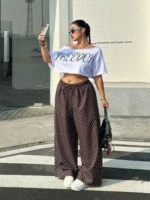 Muchica Plus Size Brown Polka Dot Print Drawstring Waist Loose Pants Vacation Summer 1950s Vintage - Coffee Brown - View 2