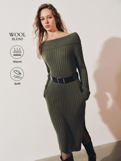 MOTF PREMIUM SOLID OFF-THE-SHOULDER LOOSE CHUNKY KNIT SWEATER DRESS WITH BELT