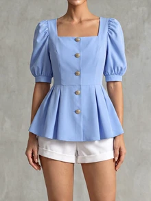 Franclia 女士泡泡袖衬衫，显瘦腰身设计，休闲短袖上衣 - 藍色 - 查看 1