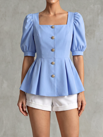 Franclia Women's Puff Sleeve Blouse, Waist Design Casual Short Sleeve Peplum Top,Elegant Cornflower Blue,Summer Tea Party Baby Blue Shirt For Women