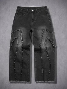 GALLERY FADE Men's Thorn Patchwork Raw Edge Design Black Washed Denim Straight Leg Wide Leg Pants - Black - View 6