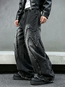 GALLERY FADE Men's Thorn Patchwork Raw Edge Design Black Washed Denim Straight Leg Wide Leg Pants - Black - View 1