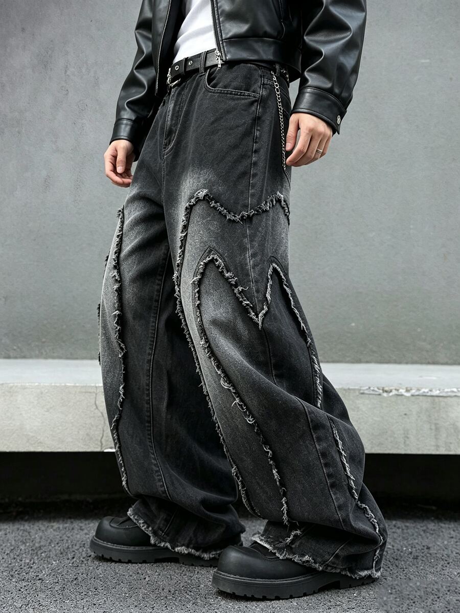 GALLERY FADE Men's Thorn Patchwork Raw Edge Design Black Washed Denim Straight Leg Wide Leg Pants - Black - View 1