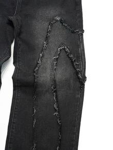 GALLERY FADE Men's Thorn Patchwork Raw Edge Design Black Washed Denim Straight Leg Wide Leg Pants - Black - View 7