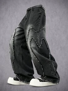 GALLERY FADE Men's Thorn Patchwork Raw Edge Design Black Washed Denim Straight Leg Wide Leg Pants - Black - View 3