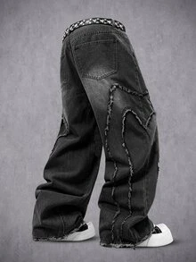 GALLERY FADE Men's Thorn Patchwork Raw Edge Design Black Washed Denim Straight Leg Wide Leg Pants - Black - View 4