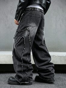 GALLERY FADE Men's Thorn Patchwork Raw Edge Design Black Washed Denim Straight Leg Wide Leg Pants - Black - View 2
