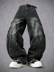 GALLERY FADE Men's Thorn Patchwork Raw Edge Design Black Washed Denim Straight Leg Wide Leg Pants - Black - View 5