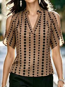 Trelyra Spring/Summer Short Sleeve Polka Dot Off-Shoulder Elegant Fashion Top - Brown - View 6