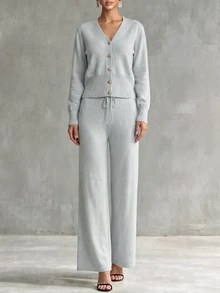Franclia 2 件套女士休闲宽松针织毛衣和裤子家居服套装，舒适简约的设计 - 淺灰色 - 查看 1