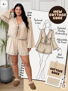 SHEIN EZwear 大尺碼花卉刺繡綁帶前襟上衣與短褲套裝 - 卡其色 - 查看 2