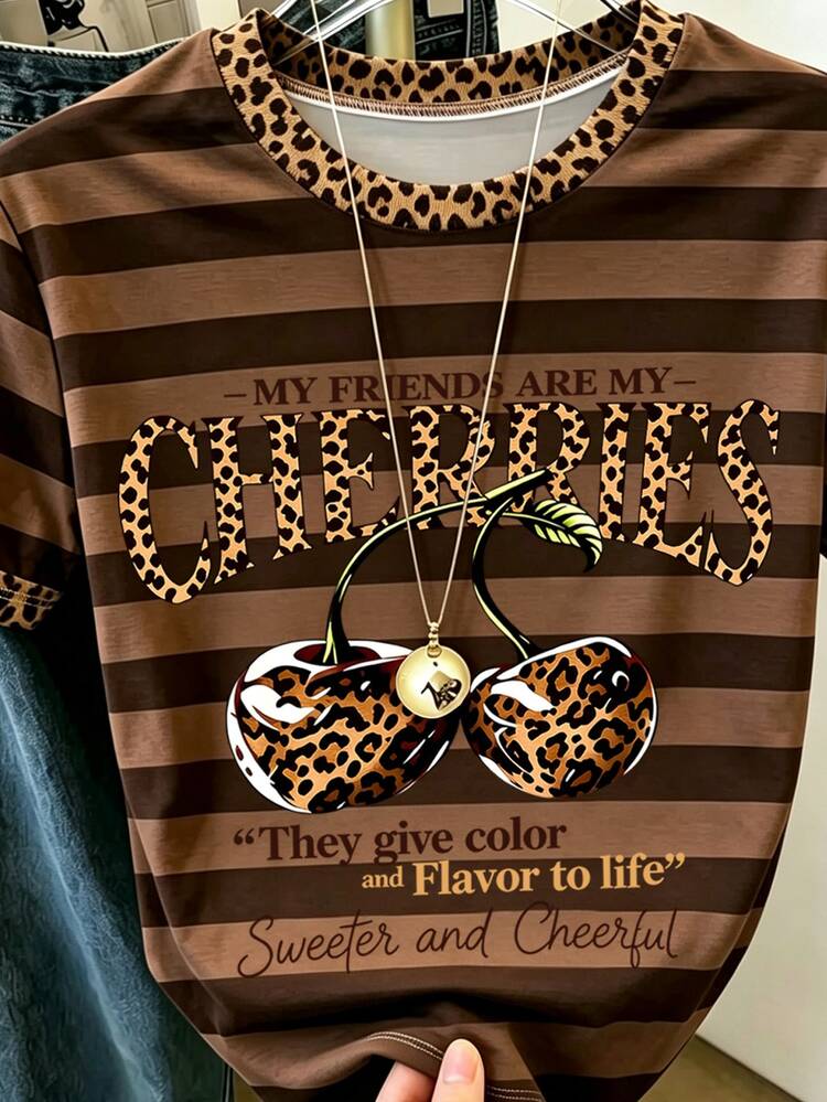Resyla Vintage Leopard Print Cherry Striped Women's Crew Neck Short Sleeve, Casual Versatile T-Shirt - Coffee Brown - View 3