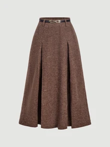 SHEIN MOD High Waist Metal Belt A-Line Knitted Brushed Fabric Autumn/Winter Skirt - Brown - View 1
