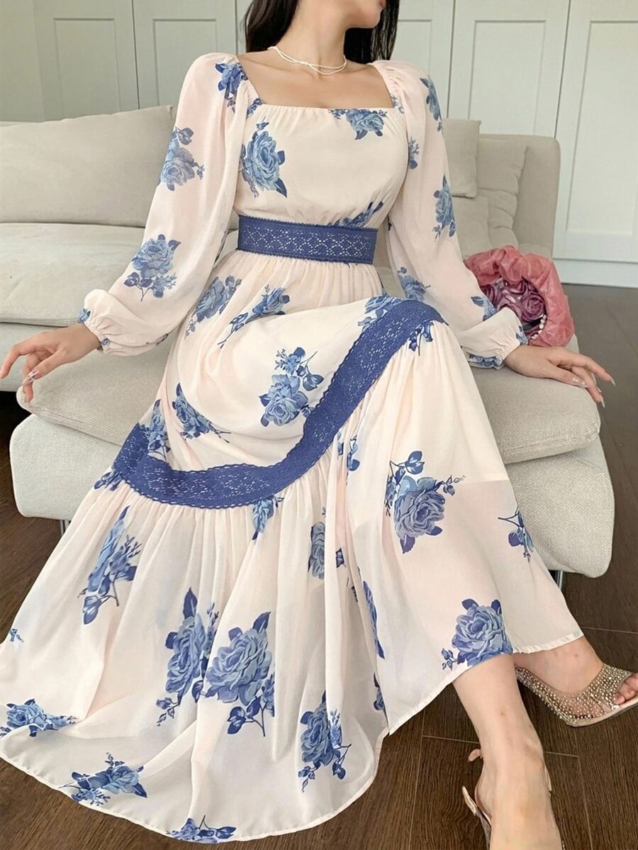 DAZY Contrast Color Lace Full Floral Print Mid-Length Dress For Women Sundress - Aqua Blue - View 1