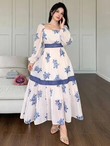 DAZY Contrast Color Lace Full Floral Print Mid-Length Dress For Women Sundress - Aqua Blue - View 6