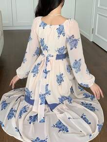 DAZY Contrast Color Lace Full Floral Print Mid-Length Dress For Women Sundress - Aqua Blue - View 3