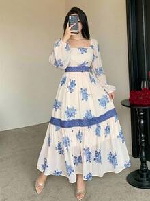 DAZY Contrast Color Lace Full Floral Print Mid-Length Dress For Women Sundress - Aqua Blue - View 4