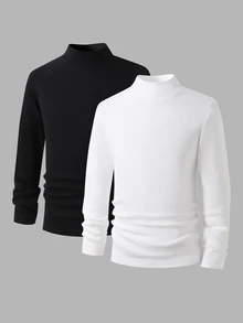 2pcs/Set Young Boy Fall/ New High Neck Snug Fit Comfortable Versatile Base Layer Tops, Black White Long Sleeve Birthday Ring Bearer Baby Blue - Black and White - View 1