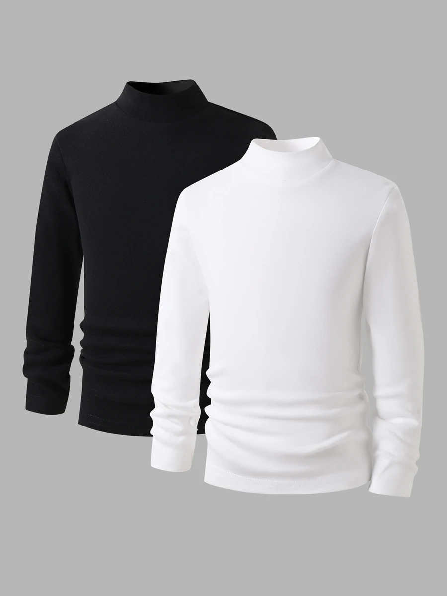 2pcs/Set Young Boy Fall/ New High Neck Snug Fit Comfortable Versatile Base Layer Tops, Black White Long Sleeve Birthday Ring Bearer Baby Blue - Black and White - View 1