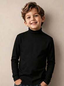 2pcs/Set Young Boy Fall/ New High Neck Snug Fit Comfortable Versatile Base Layer Tops, Black White Long Sleeve Birthday Ring Bearer Baby Blue - Black and White - View 4