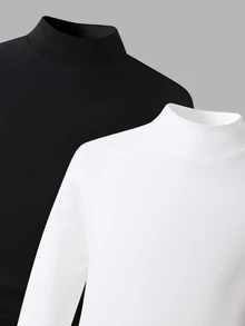 2pcs/Set Young Boy Fall/ New High Neck Snug Fit Comfortable Versatile Base Layer Tops, Black White Long Sleeve Birthday Ring Bearer Baby Blue - Black and White - View 7