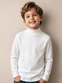 2pcs/Set Young Boy Fall/ New High Neck Snug Fit Comfortable Versatile Base Layer Tops, Black White Long Sleeve Birthday Ring Bearer Baby Blue - Black and White - View 3