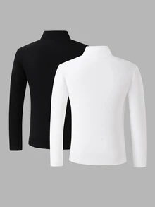 2pcs/Set Young Boy Fall/ New High Neck Snug Fit Comfortable Versatile Base Layer Tops, Black White Long Sleeve Birthday Ring Bearer Baby Blue - Black and White - View 2