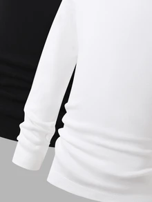 2pcs/Set Young Boy Fall/ New High Neck Snug Fit Comfortable Versatile Base Layer Tops, Black White Long Sleeve Birthday Ring Bearer Baby Blue - Black and White - View 6
