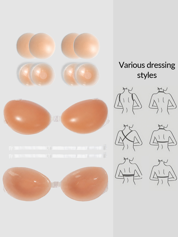 SHEIN Invisible Sticky Bra With Clear Straps, Strapless Self-Adhesive Push Up Bra Various Wearing Styles For Women Deep V Backless Dress Summer Party