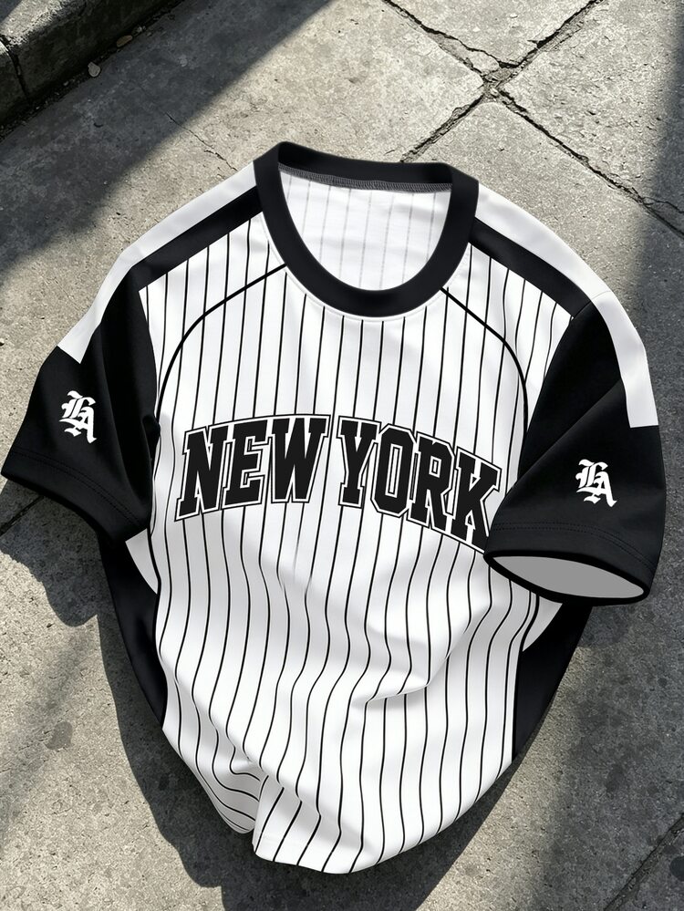 Manfinity EMRG Men's Summer Black And White Striped Pinstripe T-Shirt,New York Letter Print Baseball Jersey Style Crew Neck Streetwear Short Sleeve Casual Work Tee - Multicolor - View 3
