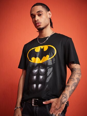 Batman X ROMWE Maglietta casual da uomo con stampa cartoni animati, girocollo e maniche corte