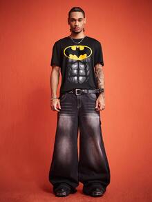 ROMWE MEN Batman X ROMWE Men's Printed Street Loose Fit T-Shirt - Black - View 2