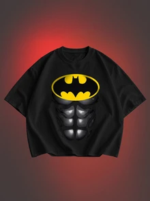 ROMWE MEN Batman X ROMWE Men's Printed Street Loose Fit T-Shirt - Black - View 1