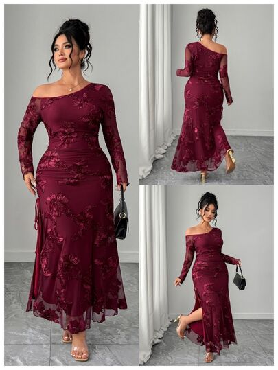 SHEIN Tall CURVE فستان سهرة طويل أنيق بأكمام طويلة وتطريز دانتيل شبكي للنساء ذوات الحجم الكبير، بتصميم أنيق وتنورة طويلة تصل إلى الأرض مناسب للعشاء الرسمي والحفلات والتخرج وغيرها من المناسبات الخاصة