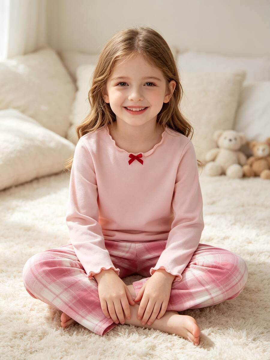 女童長袖上衣格紋長褲居家服 聖誕 7歲生日 嬰兒洗禮酒紅白色 秋季仙女風嬰兒 - 粉色 - 查看 1