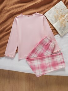 女童長袖上衣格紋長褲居家休閒套裝 - 粉色 - 查看 3