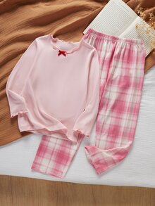 女童長袖上衣格紋長褲居家休閒套裝 - 粉色 - 查看 7