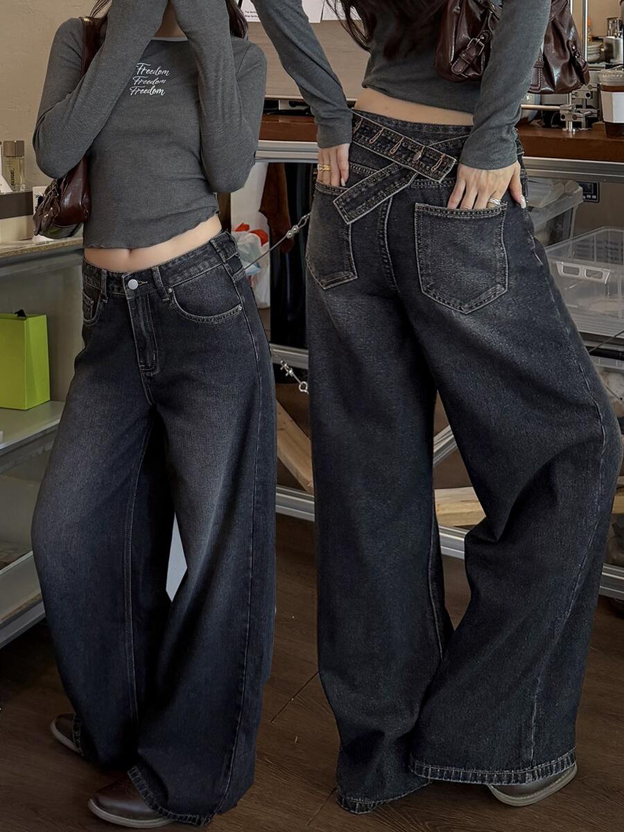 DAZY Women's Casual Versatile Everyday Denim Jeans With Pockets And Buttons Fall - Dark Grey - View 1