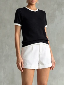 SHEIN Franclia New Summer Minimalist Personalized Patchwork Contrast Color Elegant Knit Top For Women - Black - View 1
